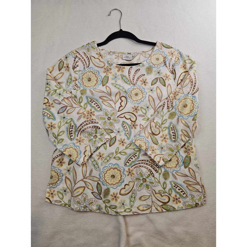 Hot Cotton Womens Medium Floral 3/4 Sleeve Cotton Blouse Top Multicolor